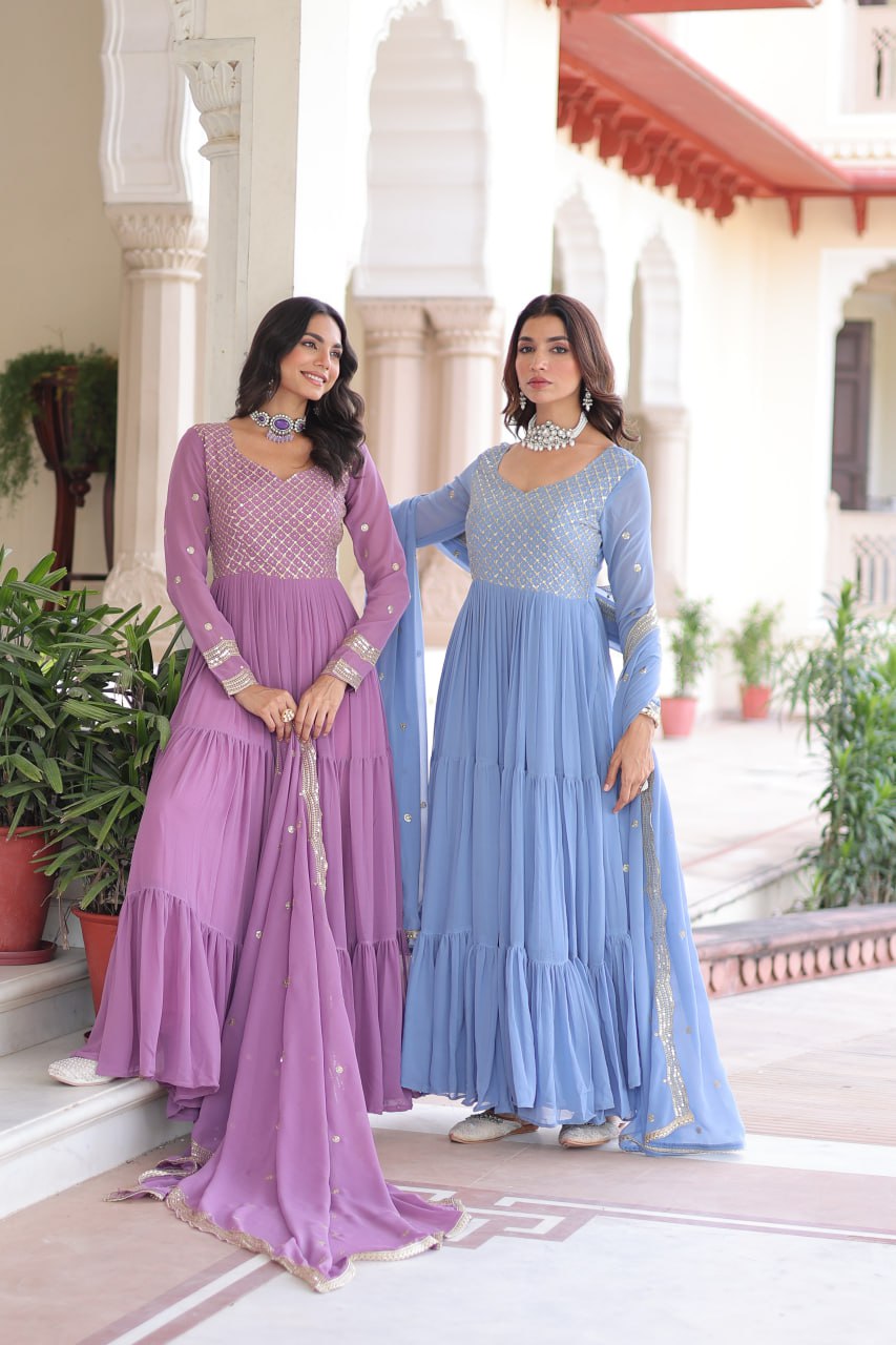 Premium Faux Georgette Frill Gown with Dupatta for Women – Party Wear Gown