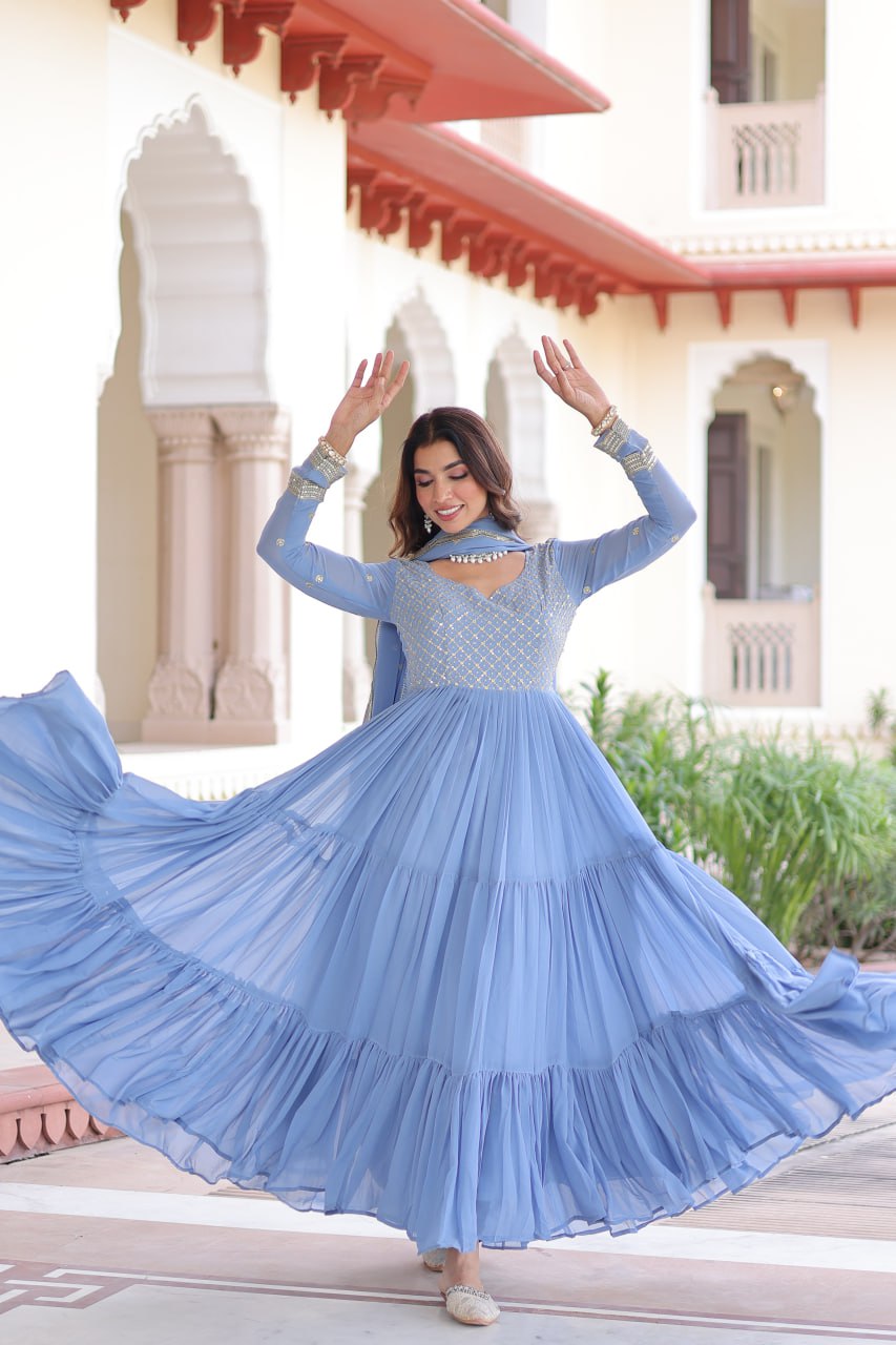 Premium Faux Georgette Frill Gown with Dupatta for Women – Party Wear Gown