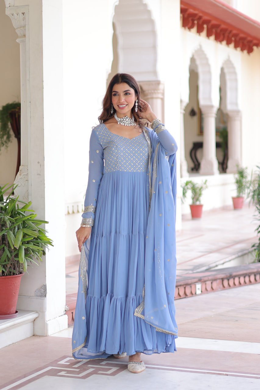 Premium Faux Georgette Frill Gown with Dupatta for Women – Party Wear Gown