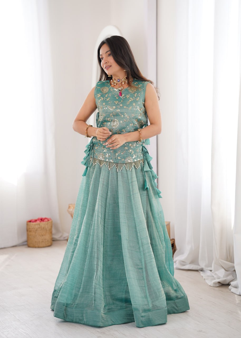 Premium Salsa Crush Lehenga Choli with Zari Embroidered Koti