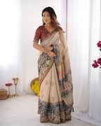 Premium Linen Cotton Digital Print Saree with Matching Blouse