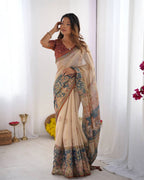 Premium Linen Cotton Digital Print Saree with Matching Blouse