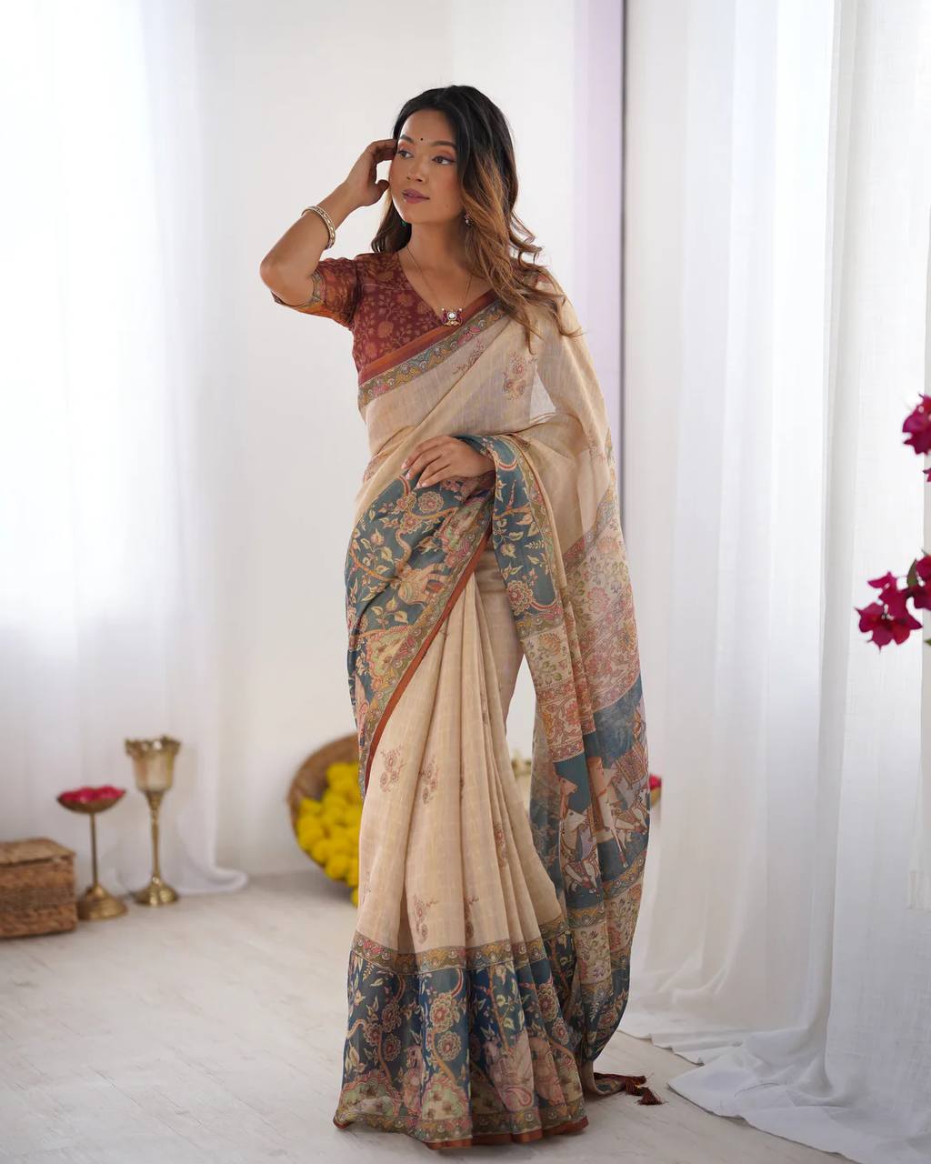 Premium Linen Cotton Digital Print Saree with Matching Blouse