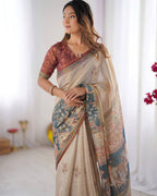 Premium Linen Cotton Digital Print Saree with Matching Blouse