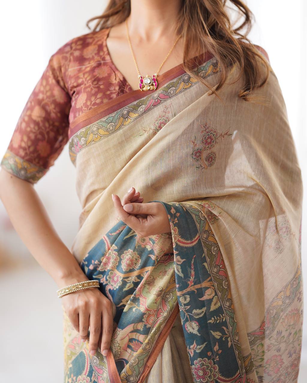 Premium Linen Cotton Digital Print Saree with Matching Blouse