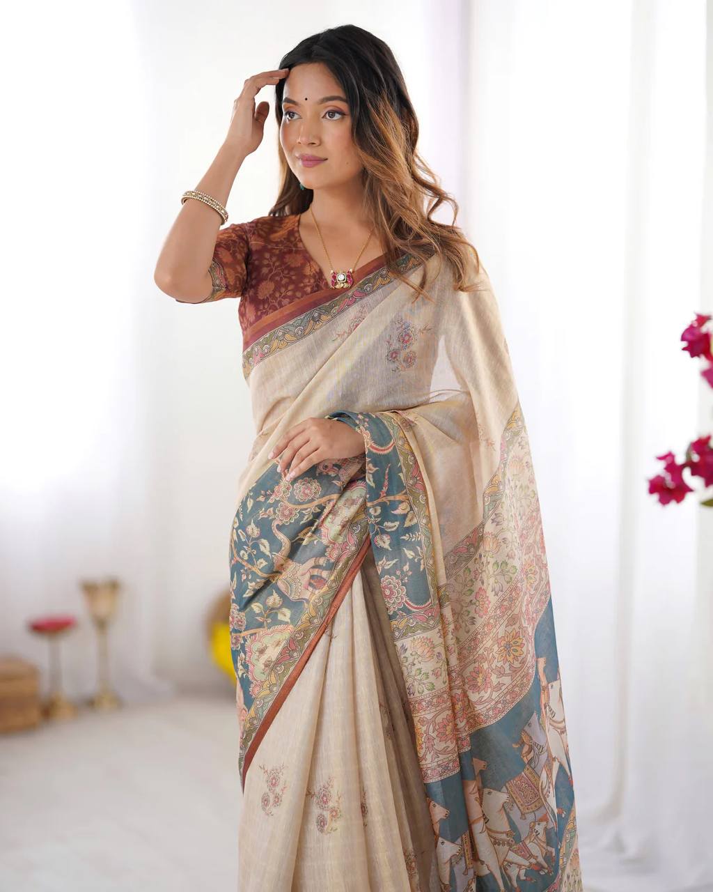 Premium Linen Cotton Digital Print Saree with Matching Blouse