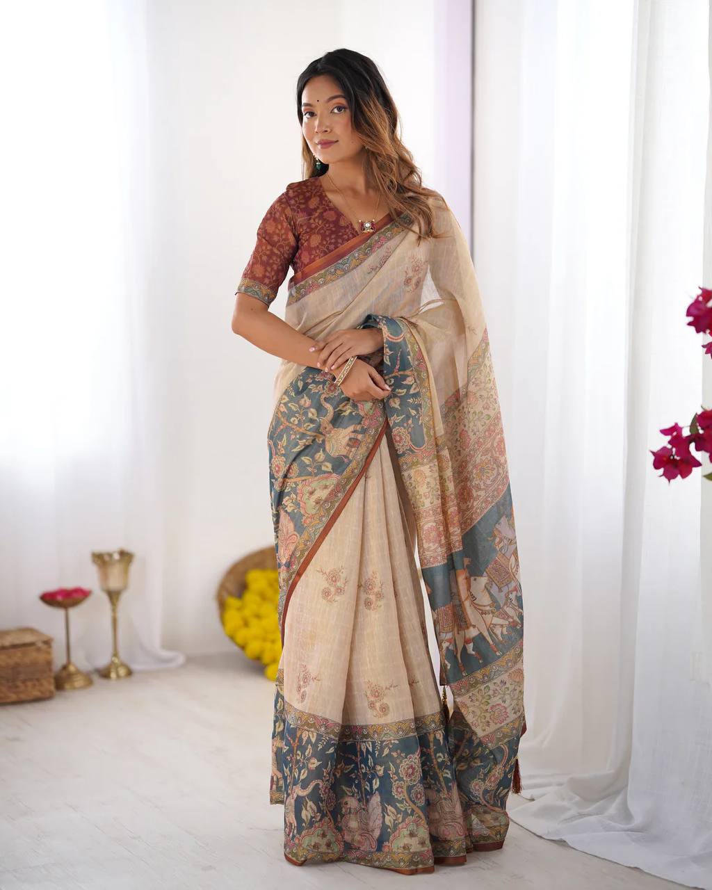 Premium Linen Cotton Digital Print Saree with Matching Blouse