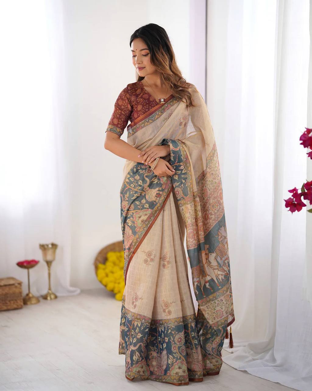 Premium Linen Cotton Digital Print Saree with Matching Blouse