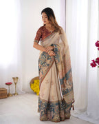 Premium Linen Cotton Digital Print Saree with Matching Blouse