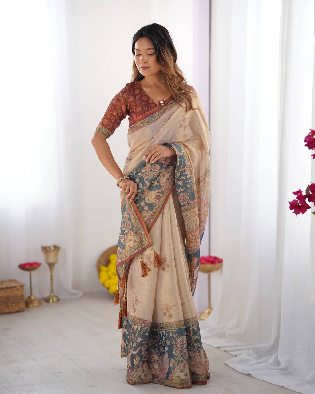 Premium Linen Cotton Digital Print Saree with Matching Blouse