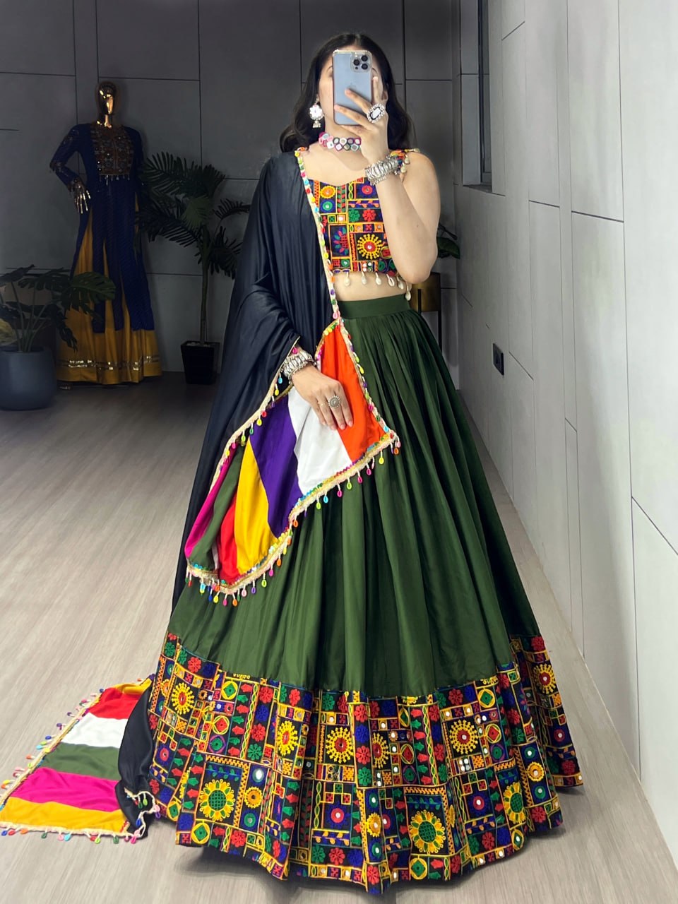 Navratri Lehenga Choli Set with Gamthi Mirror Work And Colorful Dupatta