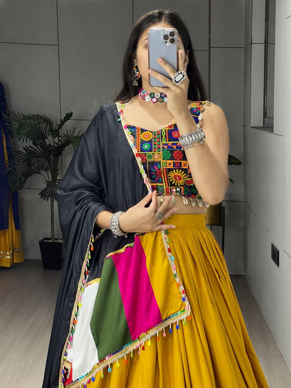 Navratri Lehenga Choli Set with Gamthi Mirror Work And Colorful Dupatta