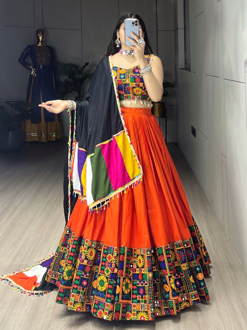 Navratri Lehenga Choli Set with Gamthi Mirror Work And Colorful Dupatta