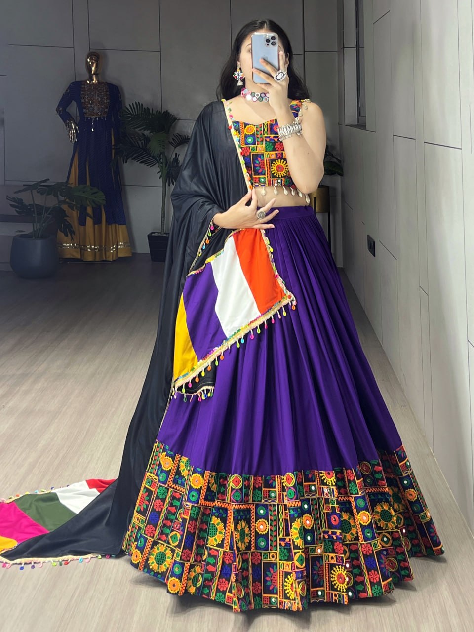 Navratri Lehenga Choli Set with Gamthi Mirror Work And Colorful Dupatta