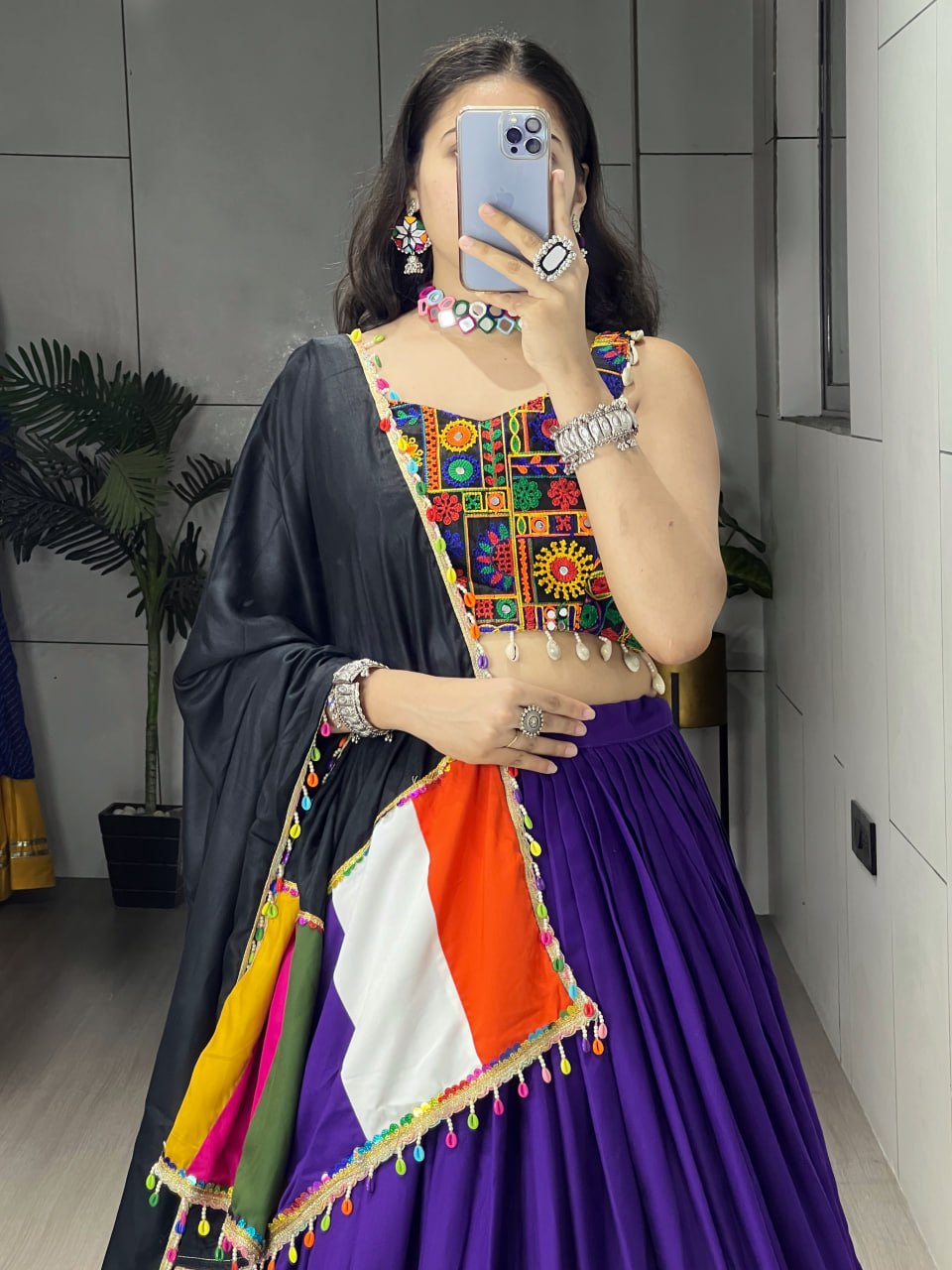 Navratri Lehenga Choli Set with Gamthi Mirror Work And Colorful Dupatta