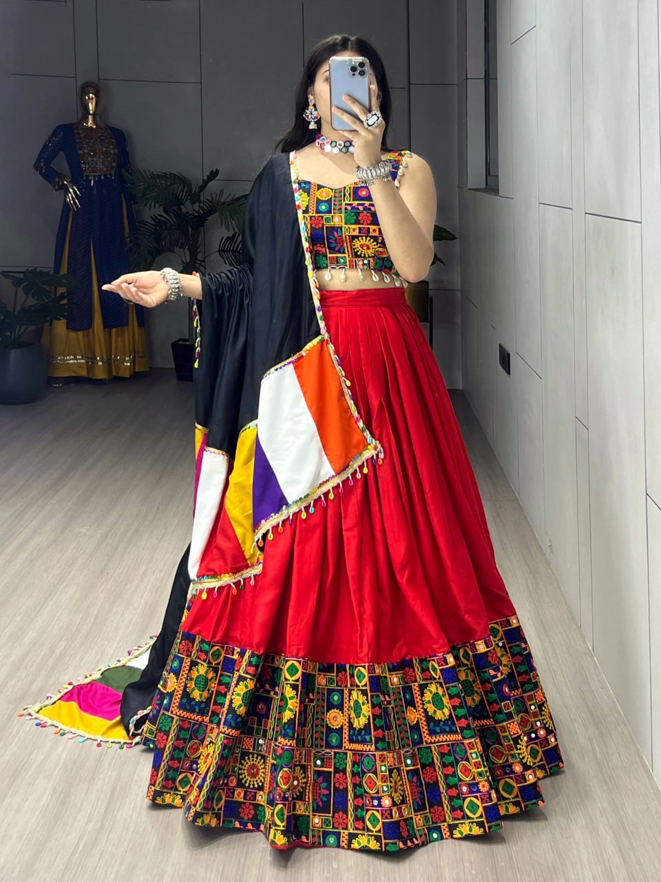 Navratri Lehenga Choli Set with Gamthi Mirror Work And Colorful Dupatta