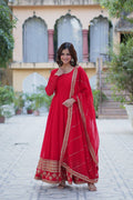 Premium Red Embroidered Gown with Dupatta – Wedding & Party Wear