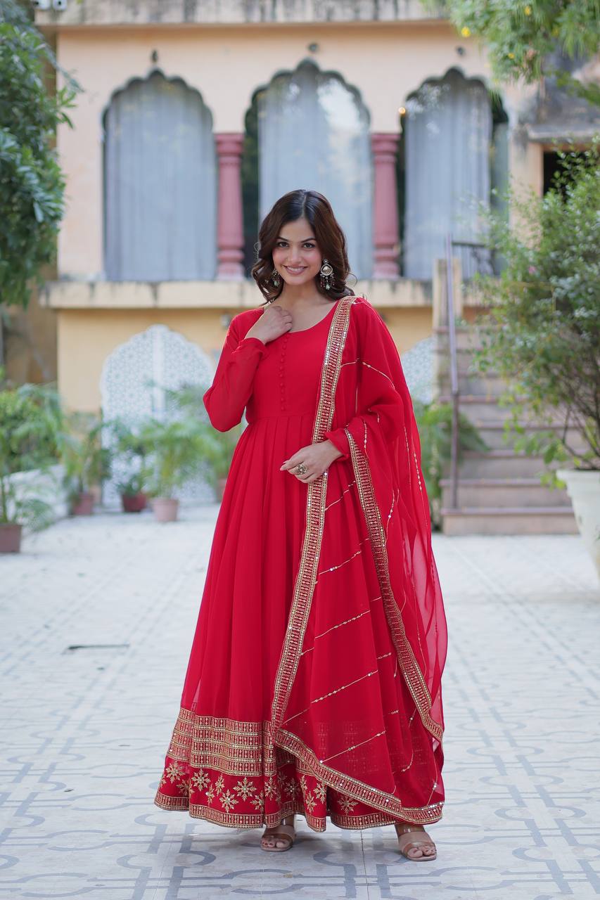 Premium Red Embroidered Gown with Dupatta – Wedding & Party Wear