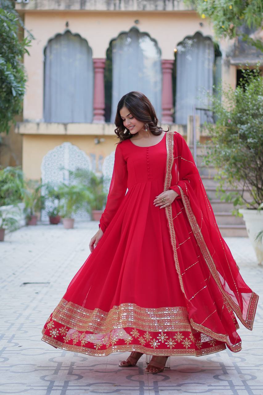 Premium Red Embroidered Gown with Dupatta – Wedding & Party Wear