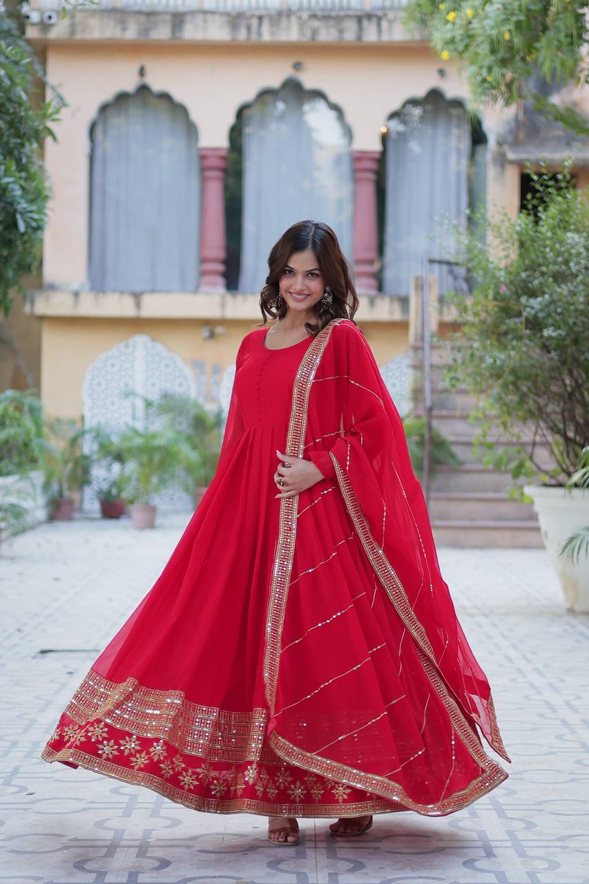 Premium Red Embroidered Gown with Dupatta – Wedding & Party Wear