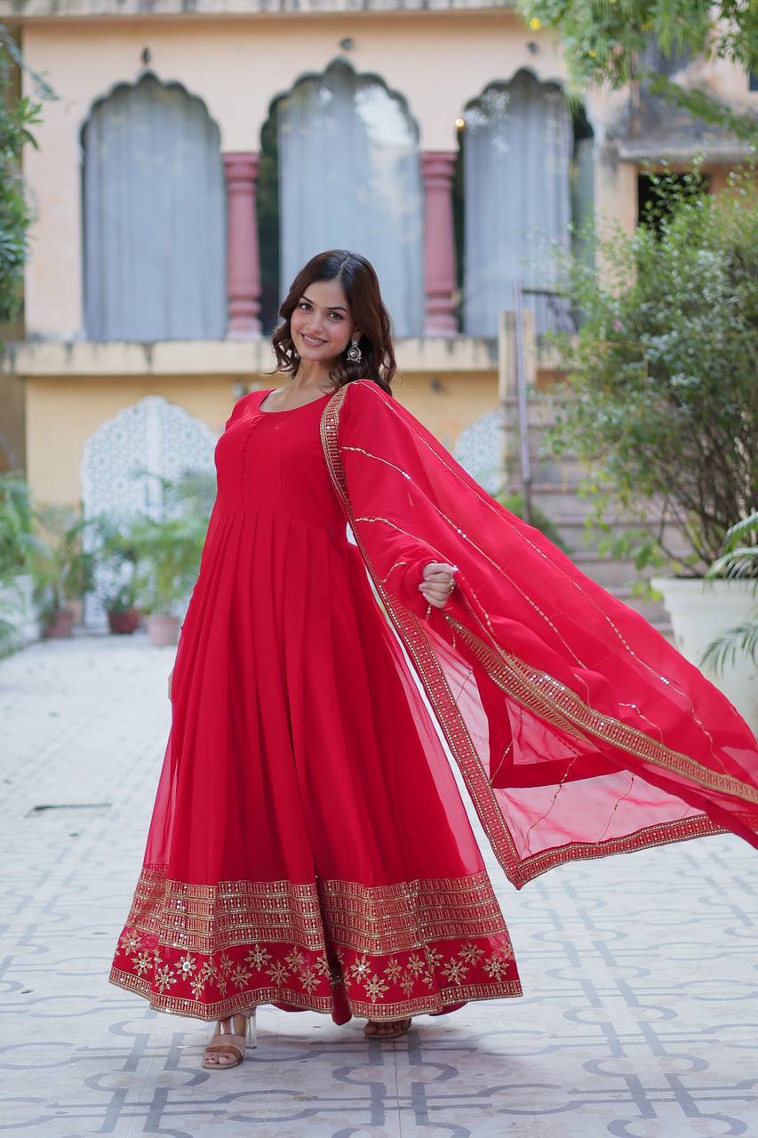 Premium Red Embroidered Gown with Dupatta – Wedding & Party Wear