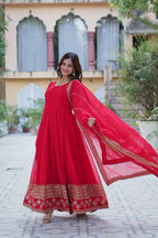 Premium Red Embroidered Gown with Dupatta – Wedding & Party Wear
