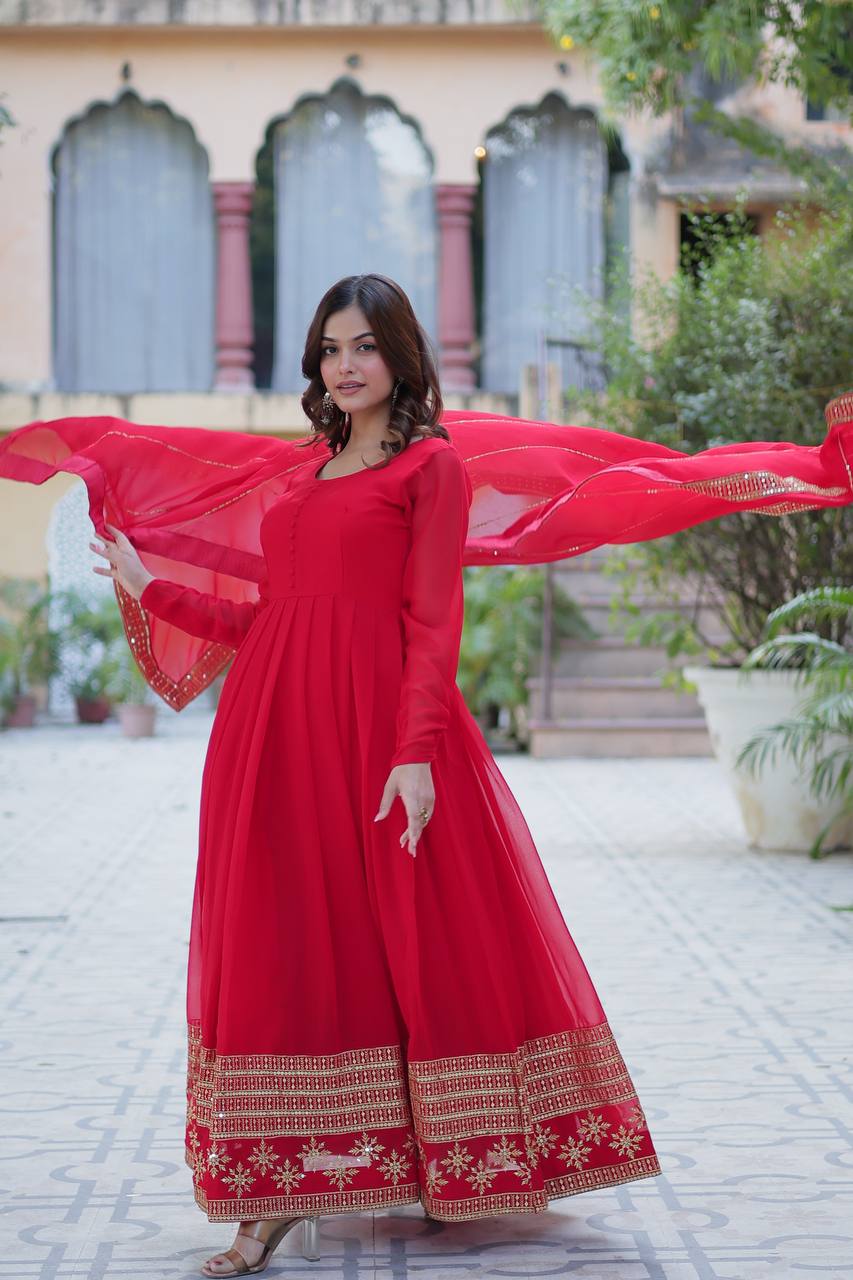 Premium Red Embroidered Gown with Dupatta – Wedding & Party Wear