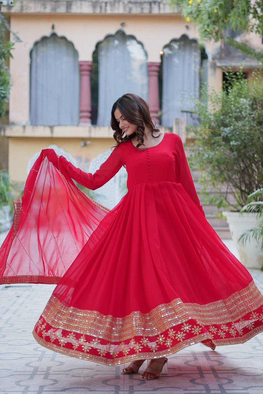 Premium Red Embroidered Gown with Dupatta – Wedding & Party Wear