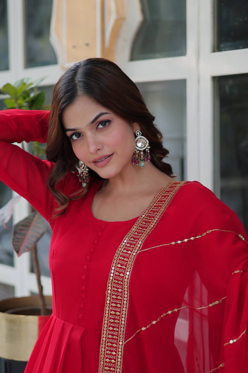 Premium Red Embroidered Gown with Dupatta – Wedding & Party Wear