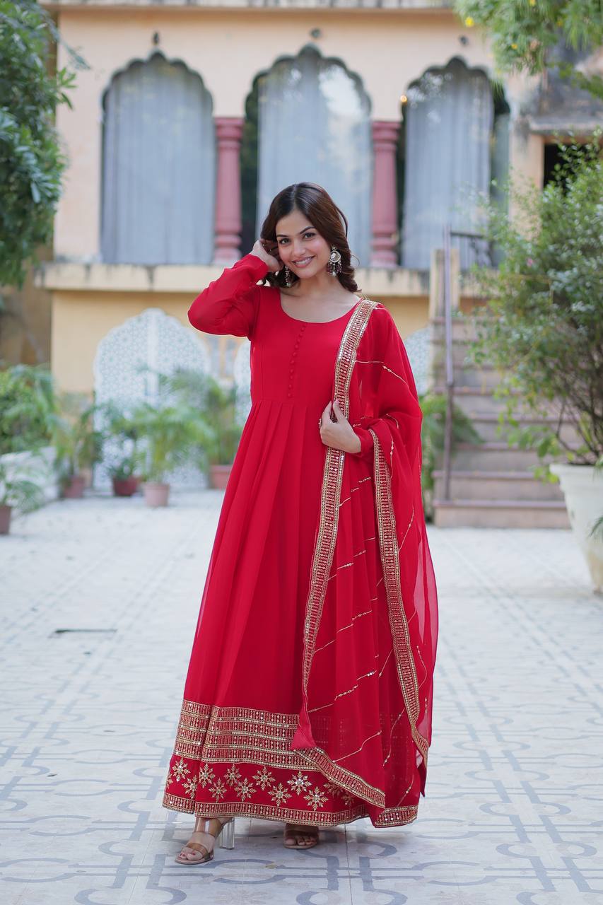 Premium Red Embroidered Gown with Dupatta – Wedding & Party Wear