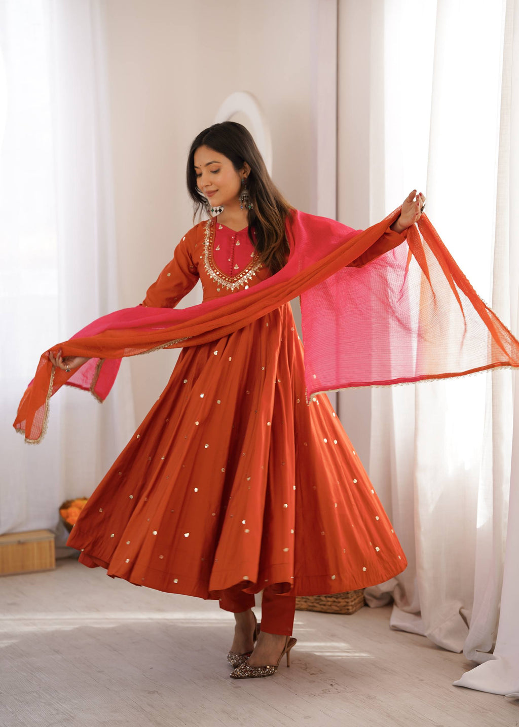 Raksha Bandhan Special Embroidered Anarkali Suit Set with Real Mirror Work