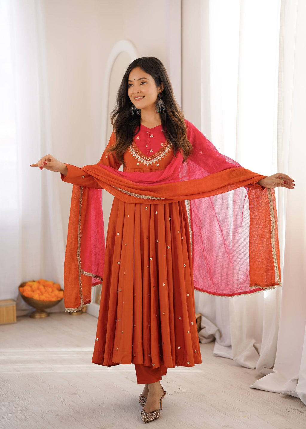 Raksha Bandhan Special Embroidered Anarkali Suit Set with Real Mirror Work