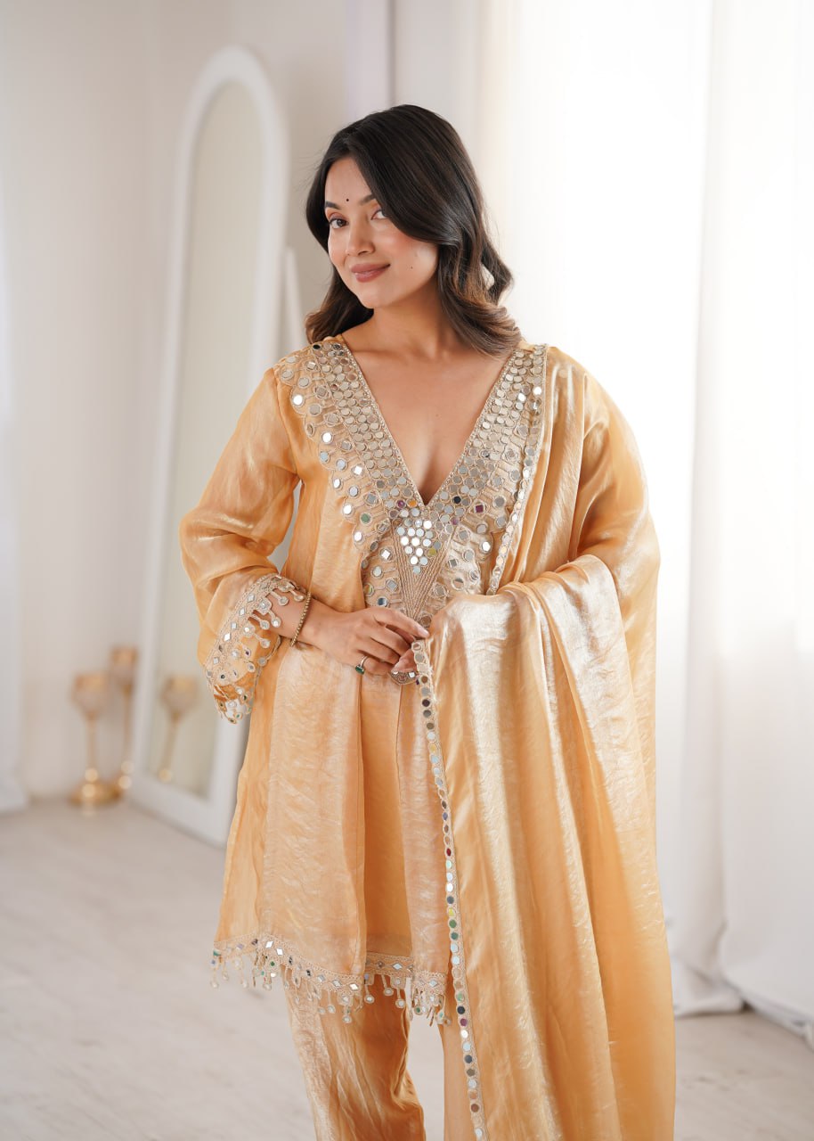 Premium Fendy Fabric Real Mirror Embroidered Kurti Pant Dupatta Set