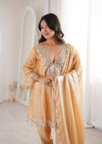 Premium Fendy Fabric Real Mirror Embroidered Kurti Pant Dupatta Set