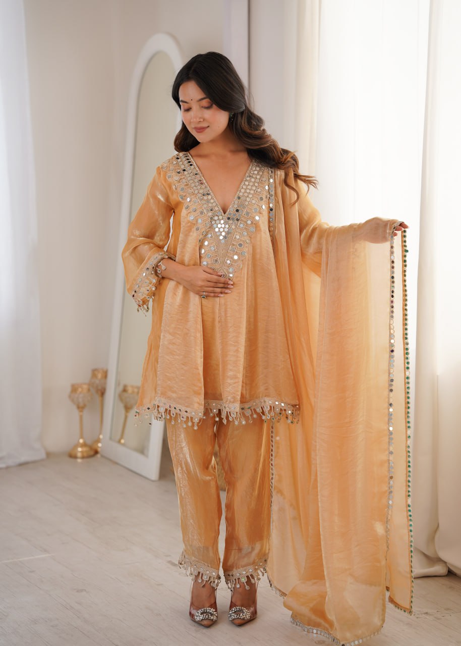 Premium Fendy Fabric Real Mirror Embroidered Kurti Pant Dupatta Set