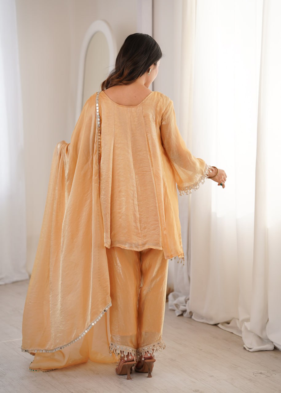 Premium Fendy Fabric Real Mirror Embroidered Kurti Pant Dupatta Set