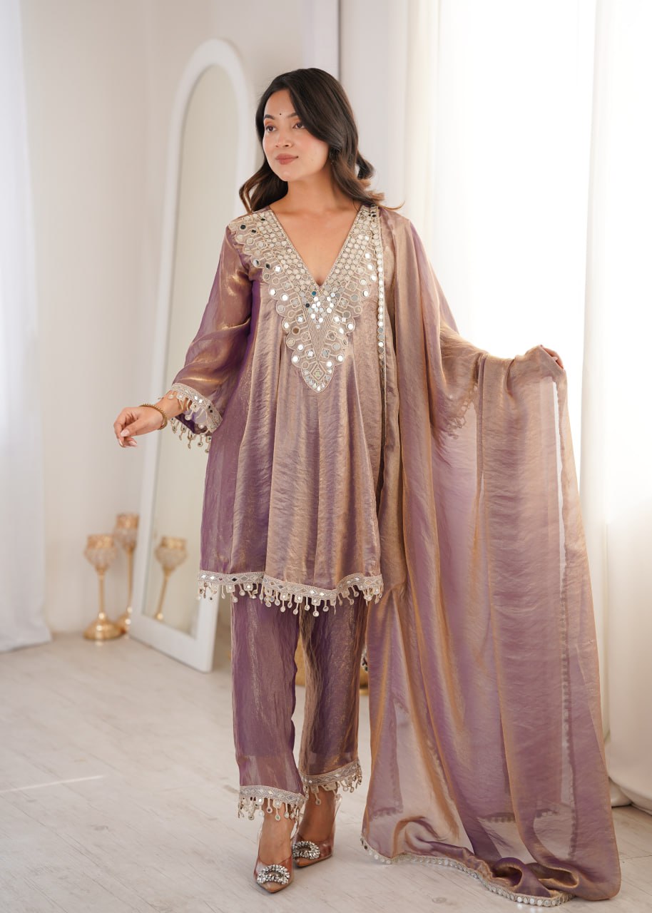 Premium Fendy Fabric Real Mirror Embroidered Kurti Pant Dupatta Set