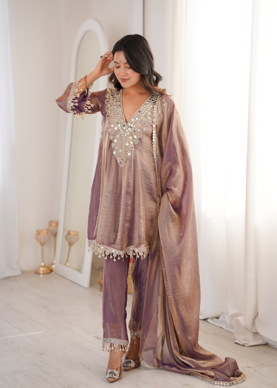 Premium Fendy Fabric Real Mirror Embroidered Kurti Pant Dupatta Set