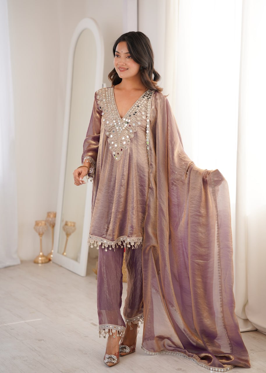 Premium Fendy Fabric Real Mirror Embroidered Kurti Pant Dupatta Set
