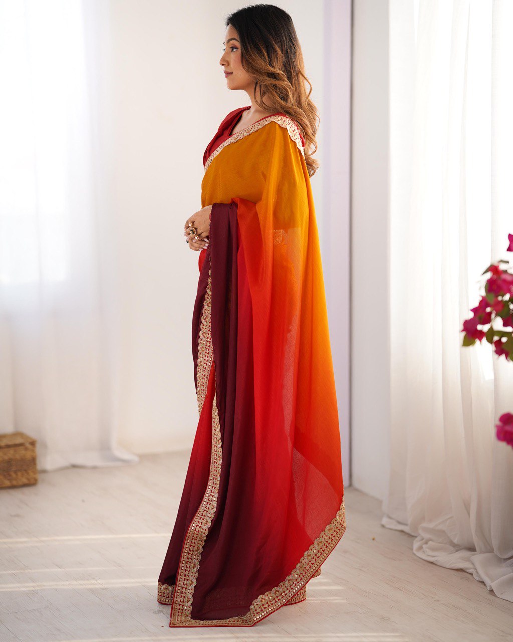 Premium Designer Chinon Silk Embroidered Saree for Women