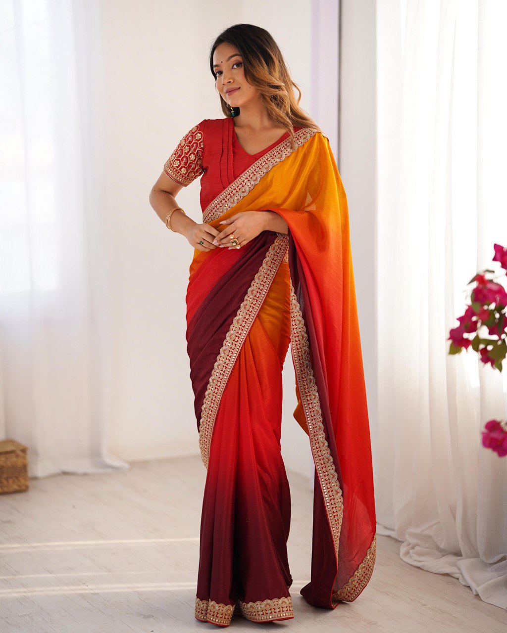 Premium Designer Chinon Silk Embroidered Saree for Women