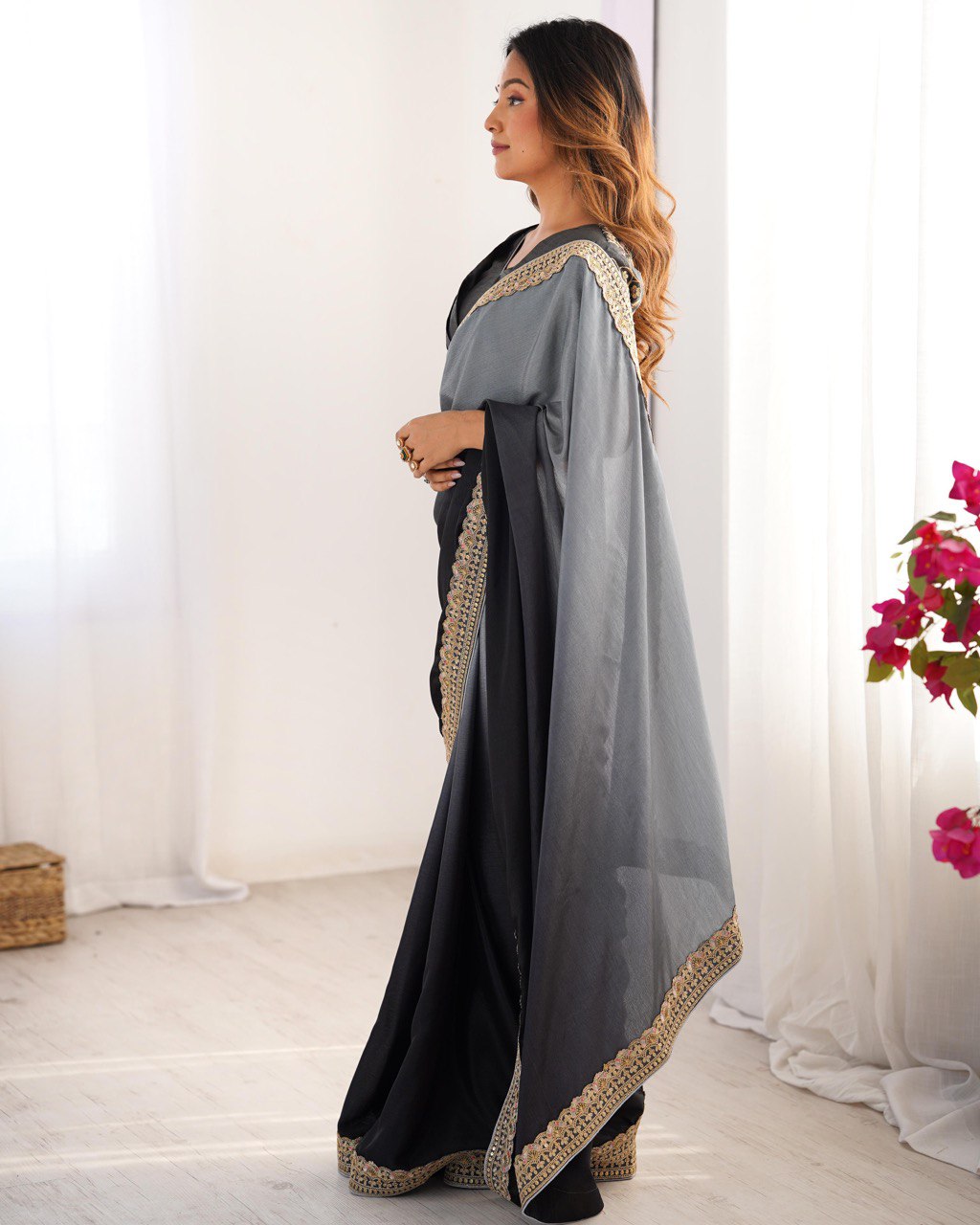 Premium Designer Chinon Silk Embroidered Saree for Women