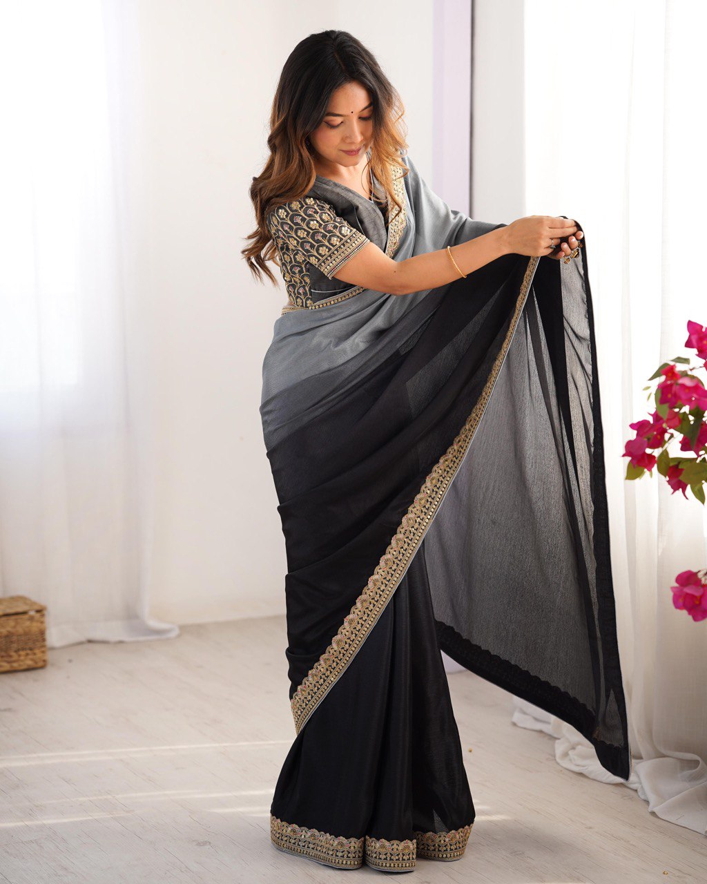 Premium Designer Chinon Silk Embroidered Saree for Women