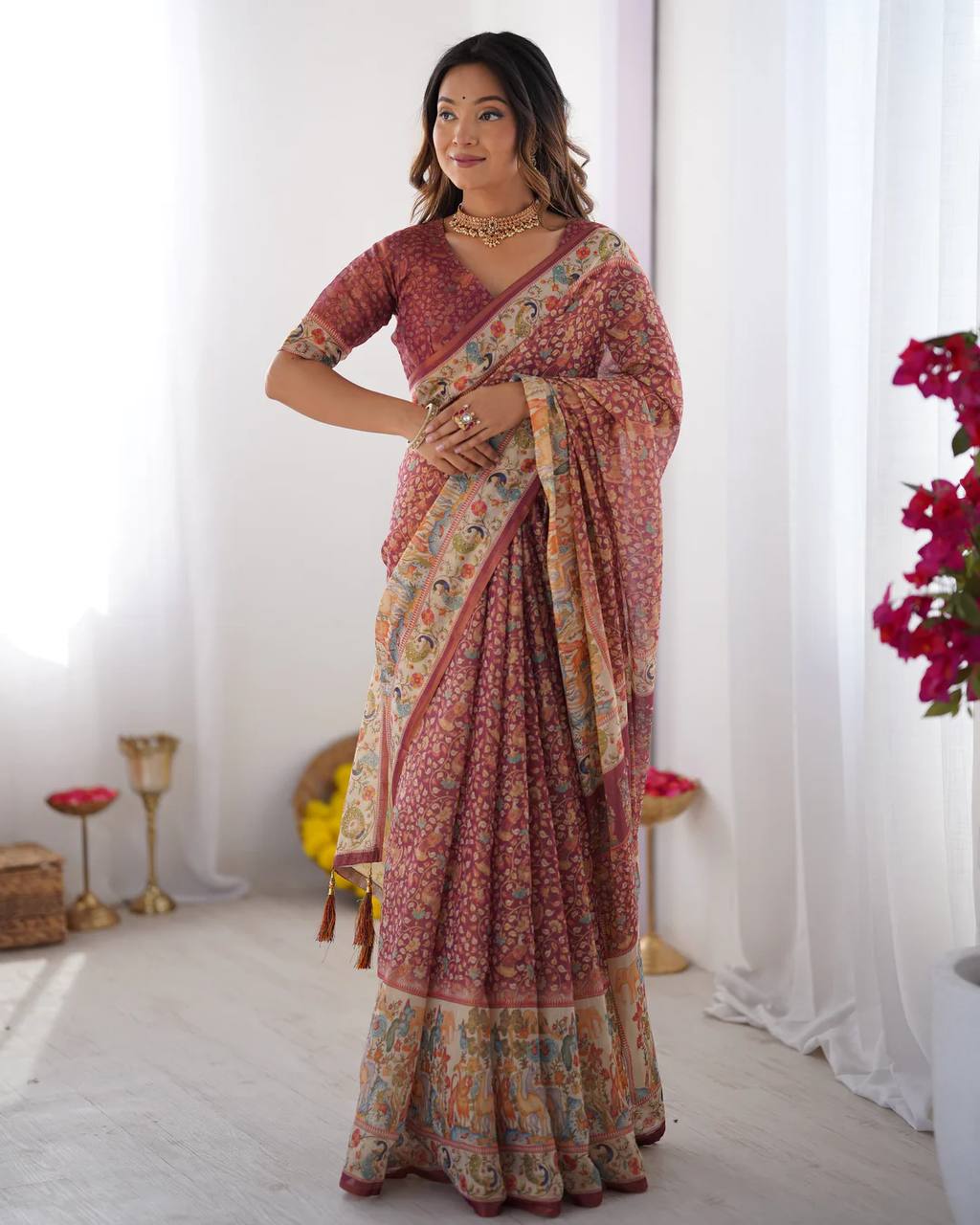 Premium Linen Cotton Floral Digital Print Saree with Designer Pallu