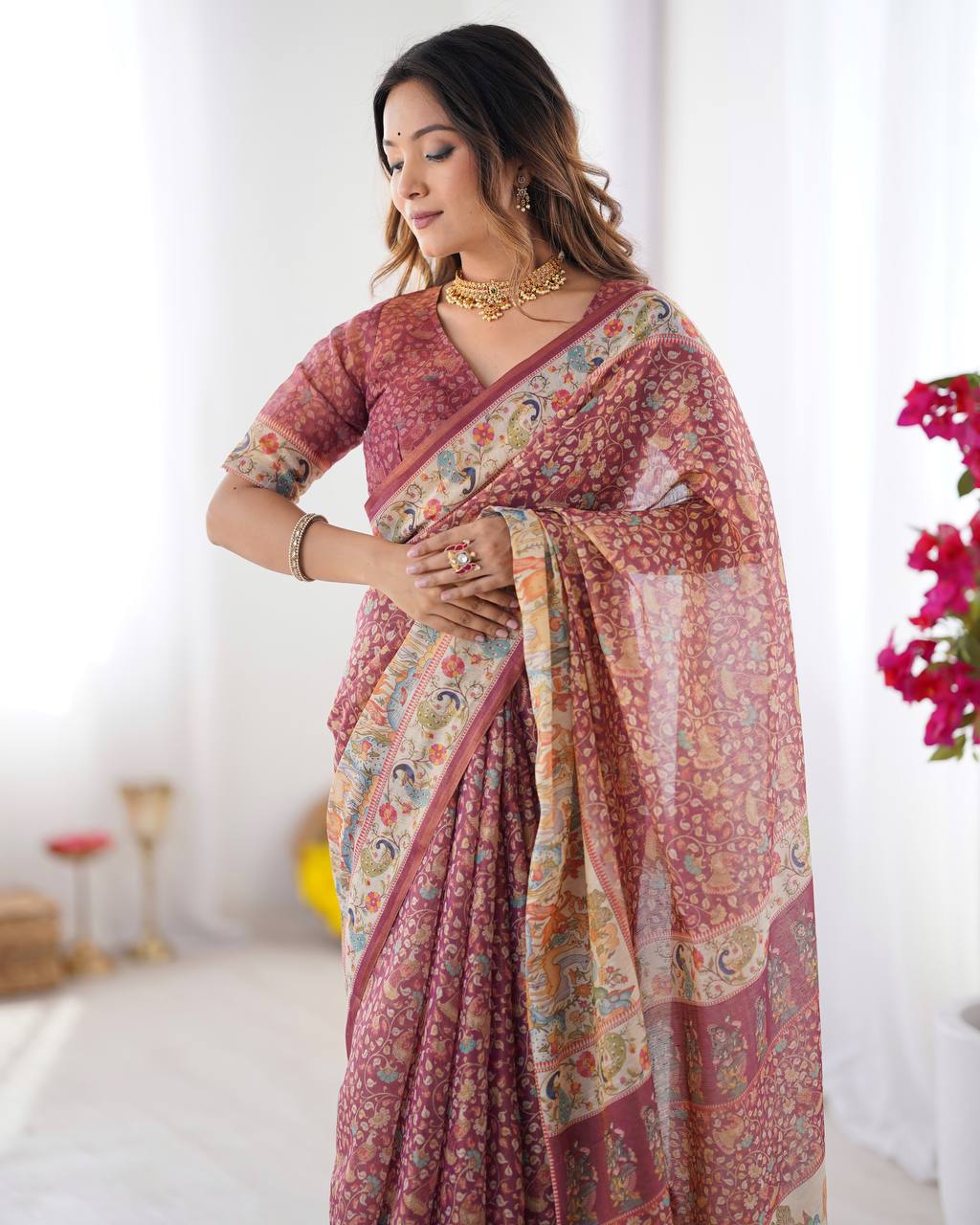Premium Linen Cotton Floral Digital Print Saree with Designer Pallu