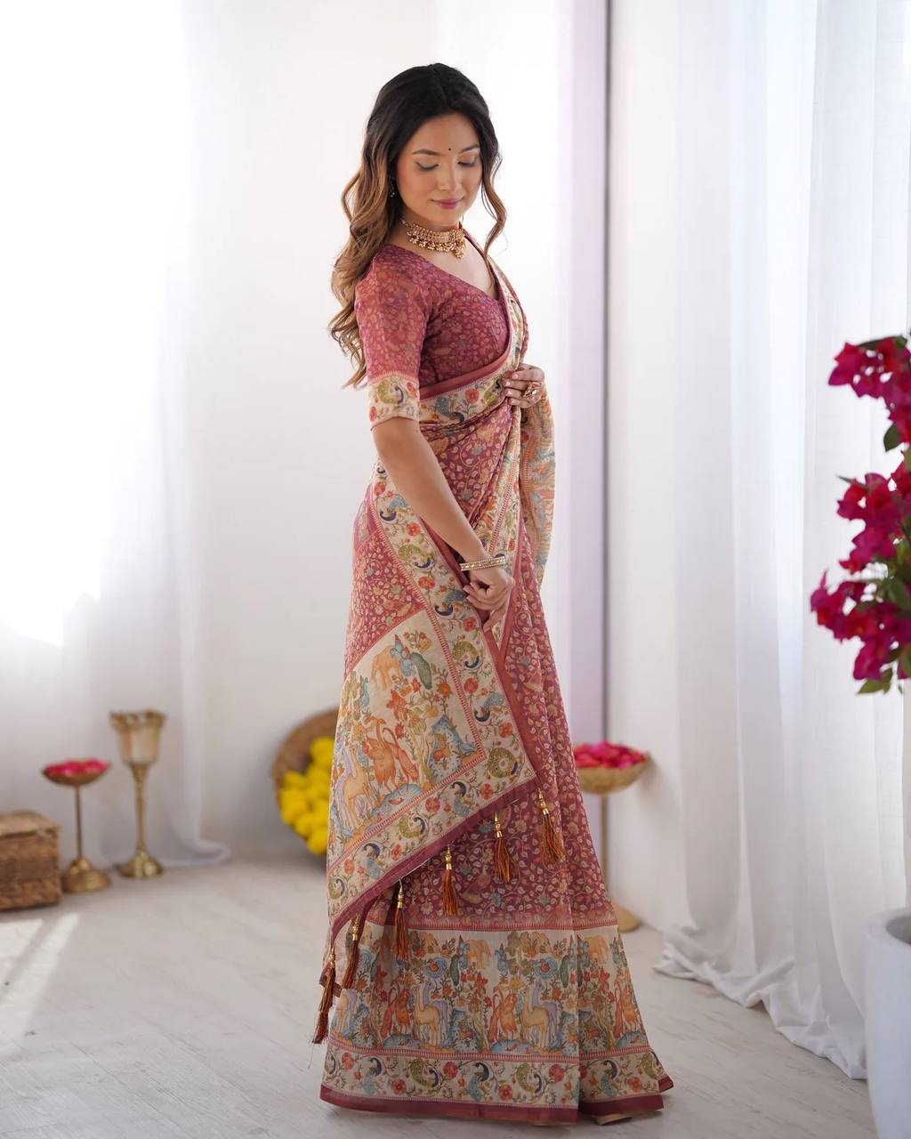 Premium Linen Cotton Floral Digital Print Saree with Designer Pallu