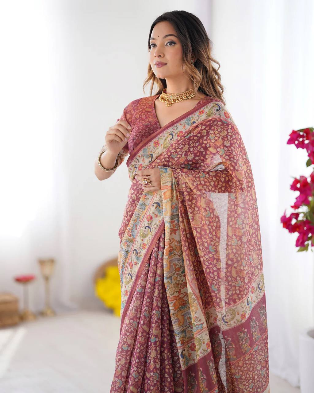 Premium Linen Cotton Floral Digital Print Saree with Designer Pallu