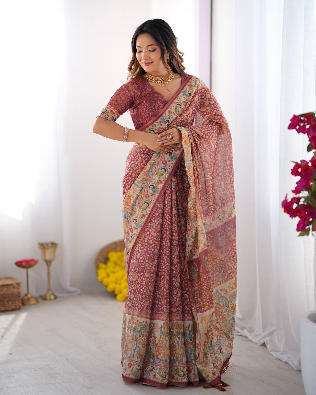 Premium Linen Cotton Floral Digital Print Saree with Designer Pallu