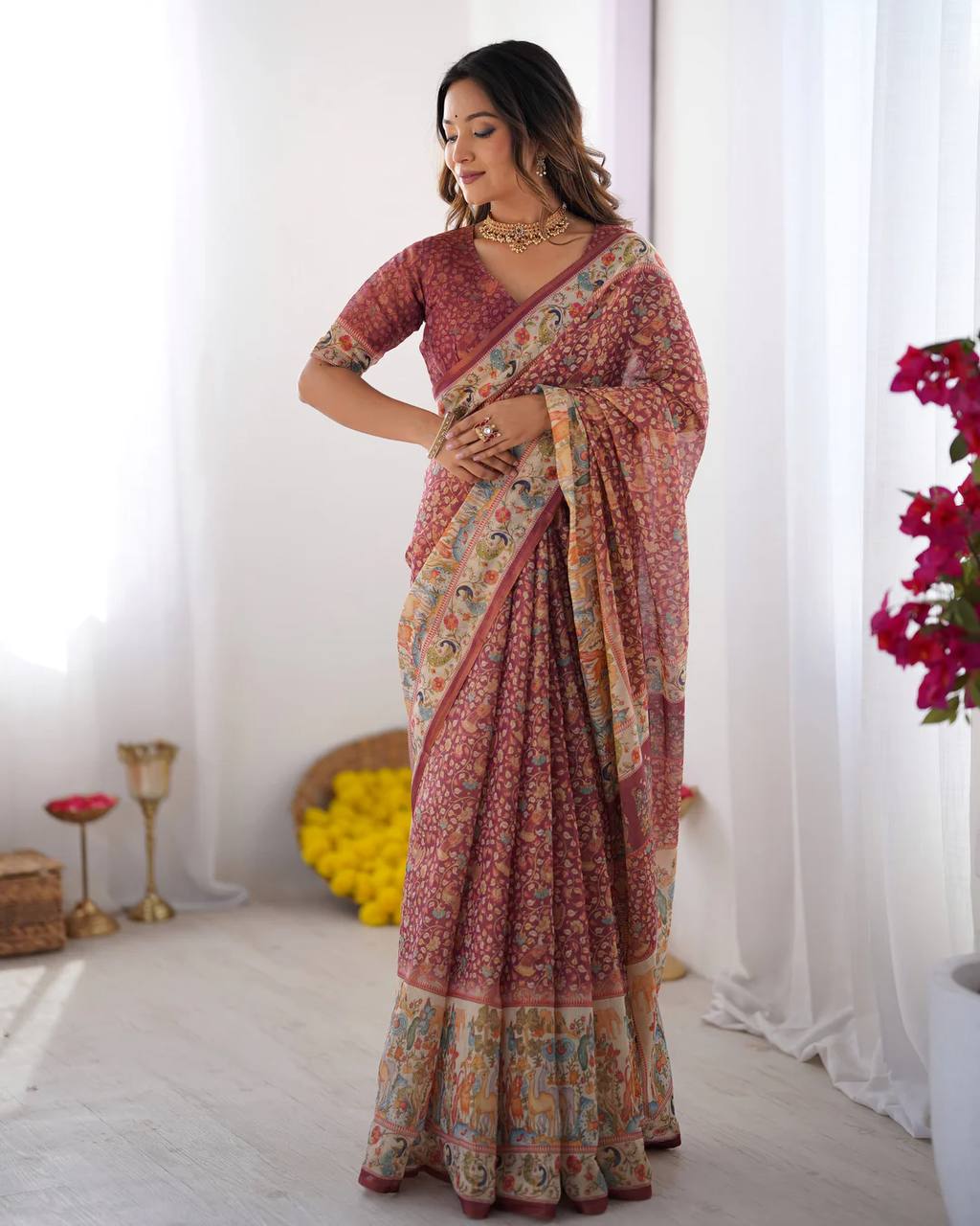 Premium Linen Cotton Floral Digital Print Saree with Designer Pallu