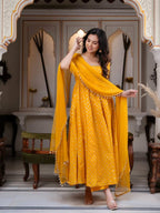 Mustard Yellow Chanderi Jacquard Butti Mirror Work Anarkali Gown Set